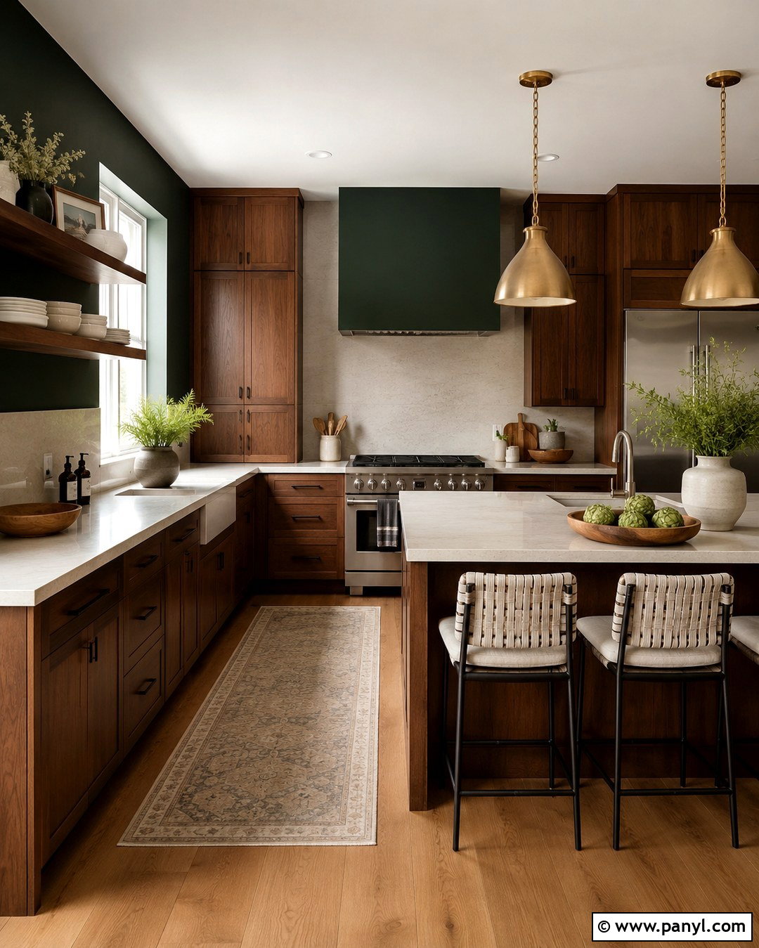 Dark Emerald Green Kitchen With Wood Cabinets - 20 Dark Emerald Green Walls