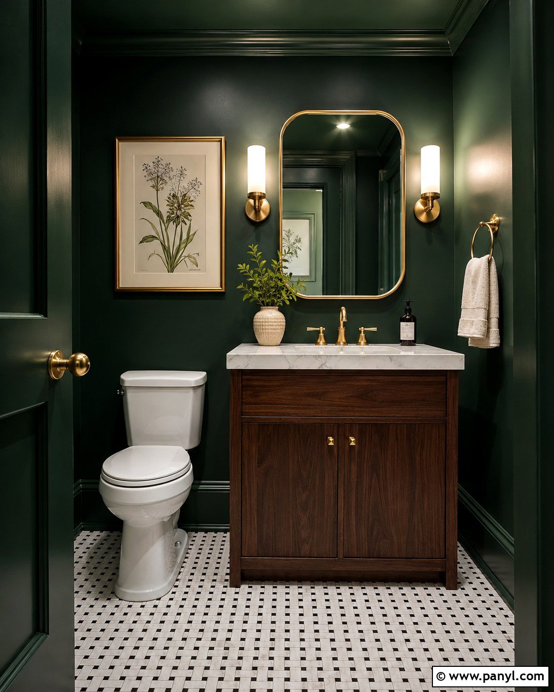 Dark Emerald Green Powder Room With Brass - 20 Dark Emerald Green Walls