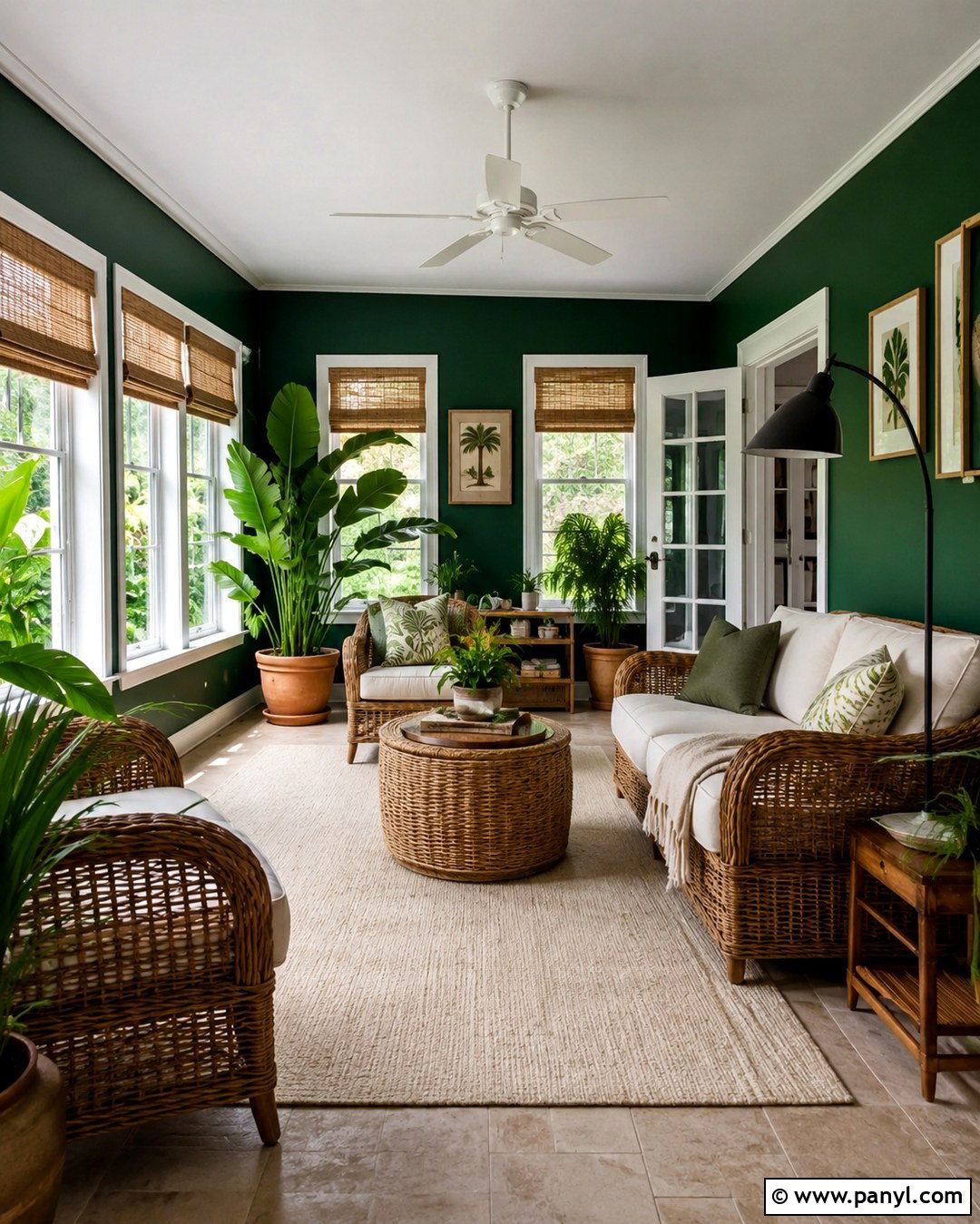 Dark Emerald Green Sunroom With Wicker Furniture - 20 Dark Emerald Green Walls