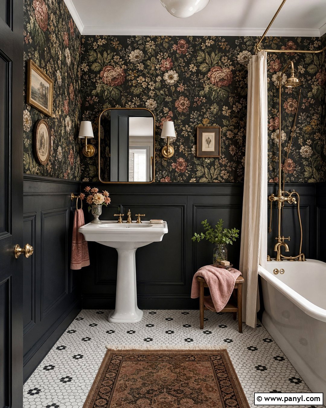 Dark Floral Bathroom With Wainscoting - 20 Elegant Bathroom With Dark Walls