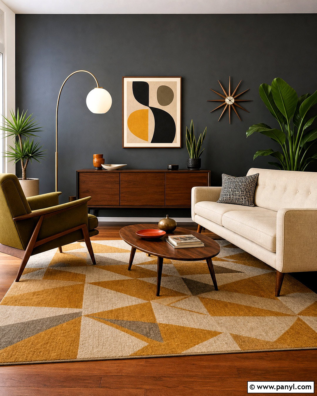 Dark Gray Accent Wall Midcentury Living Room - 20 dark gray accent wall living room ideas