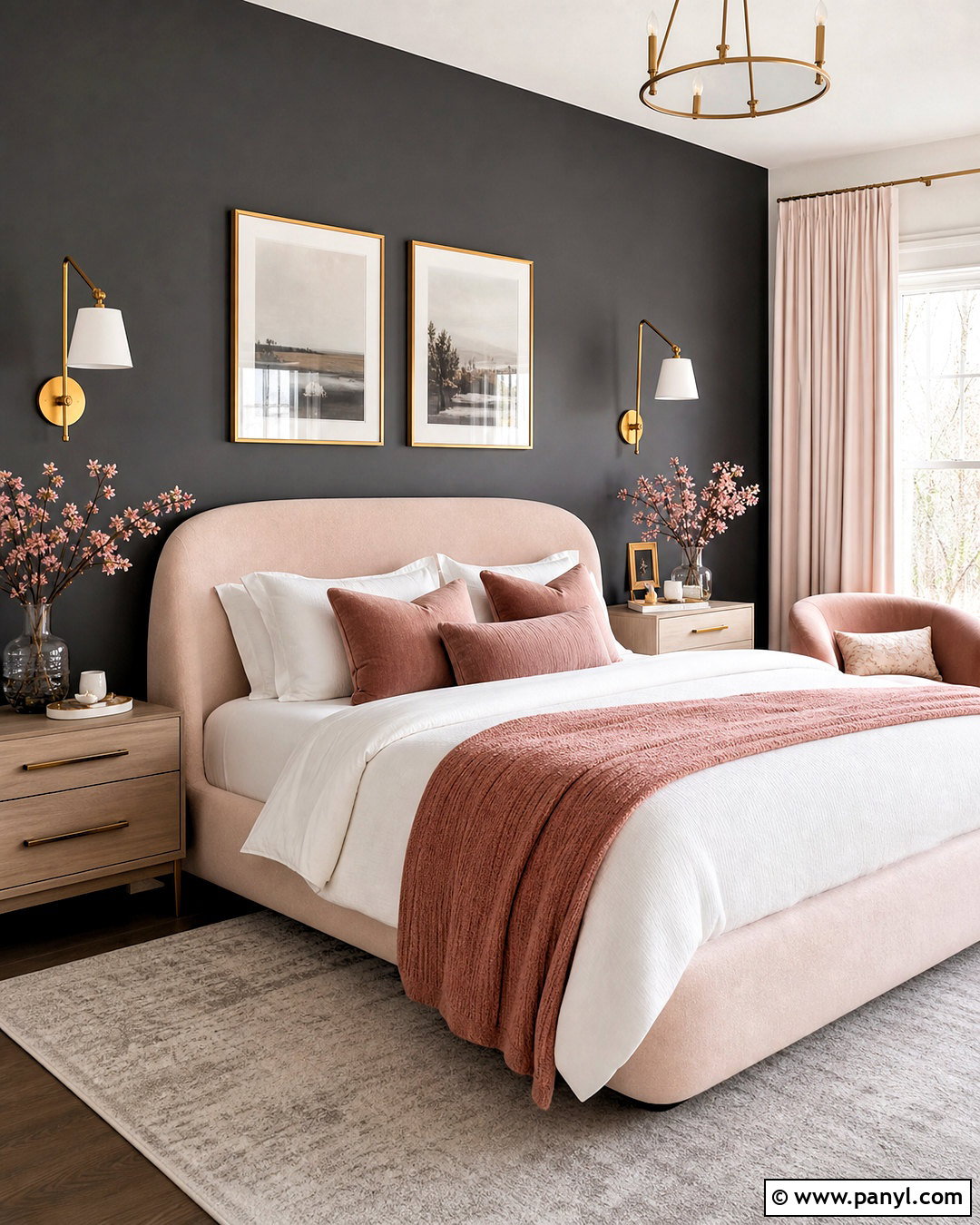 Dark Gray Accent Wall With Blush Pink Decor - 20 dark gray accent wall bedroom ideas