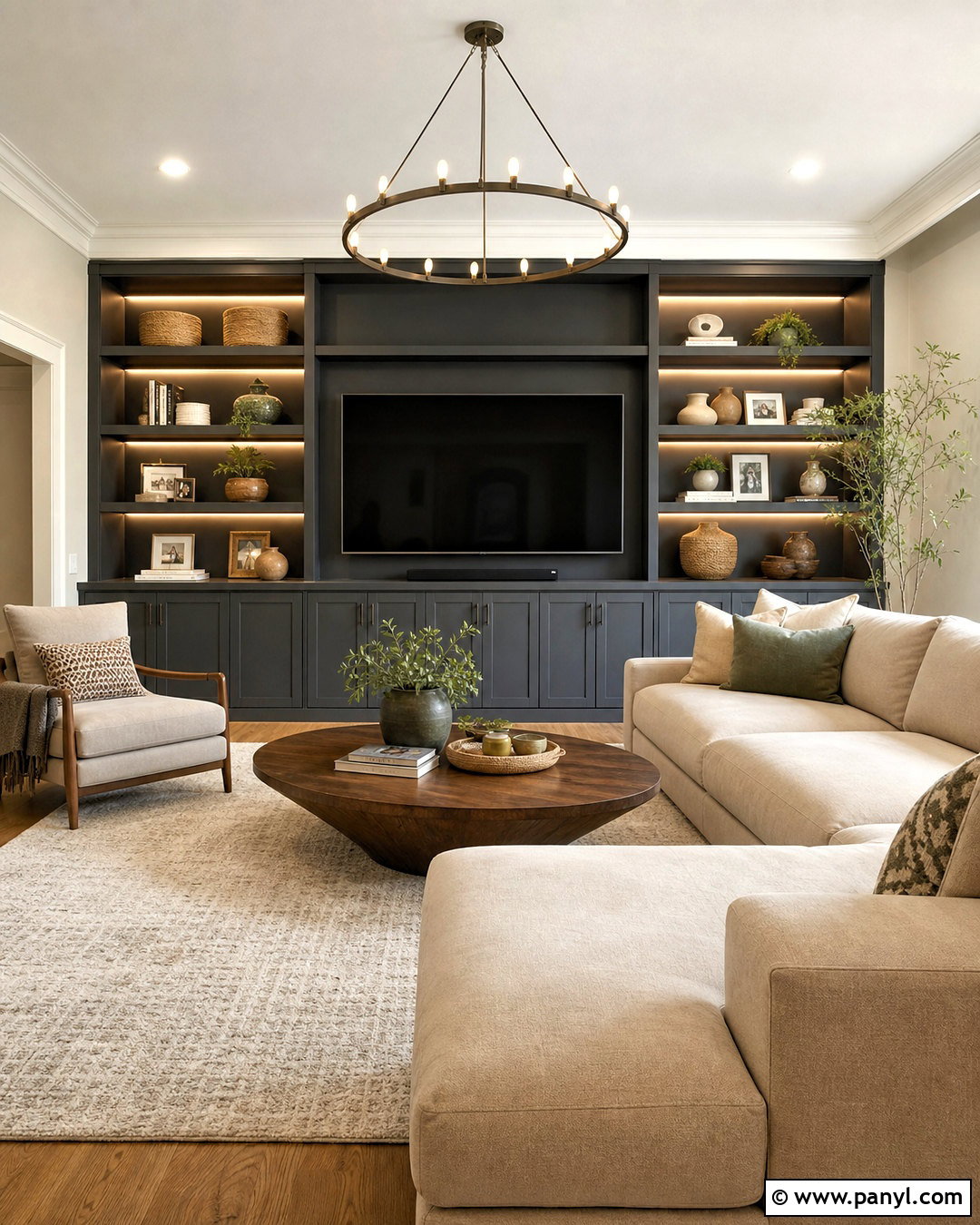 Dark Gray Accent Wall With Built-In Cabinets - 20 dark gray accent wall living room ideas