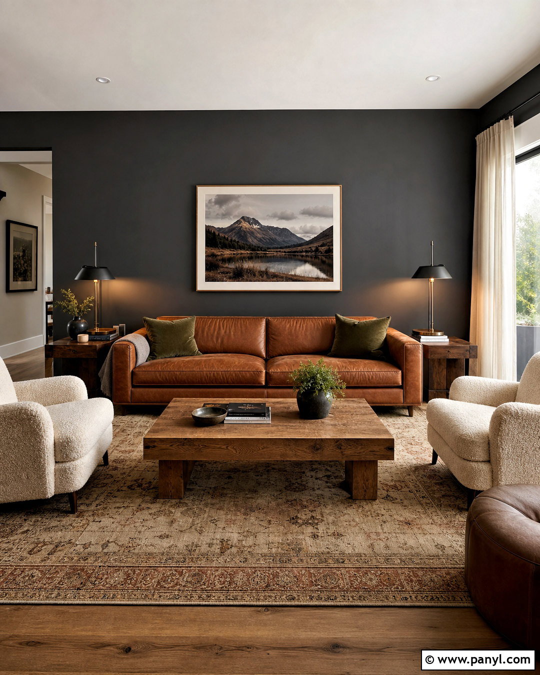 Dark Gray Accent Wall With Cognac Leather Sofa - 20 dark gray accent wall living room ideas
