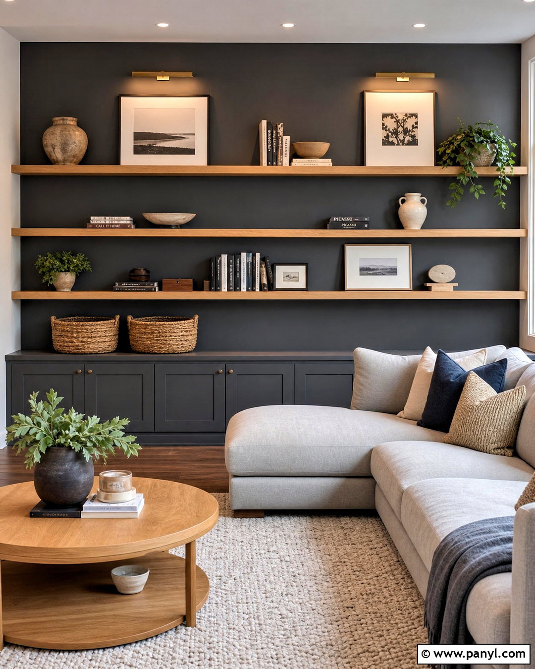 Dark Gray Accent Wall With Floating Shelves - 20 dark gray accent wall living room ideas