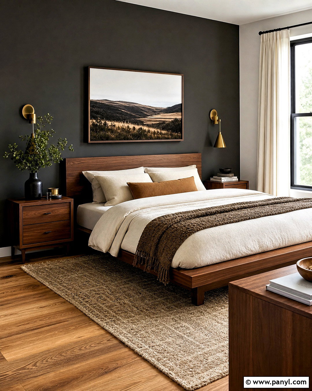 Dark Gray Accent Wall With Warm Wood Furniture - 20 dark gray accent wall bedroom ideas