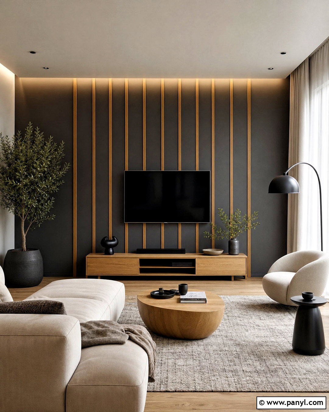 Dark Gray Accent Wall With Wood Slats - 20 dark gray accent wall living room ideas