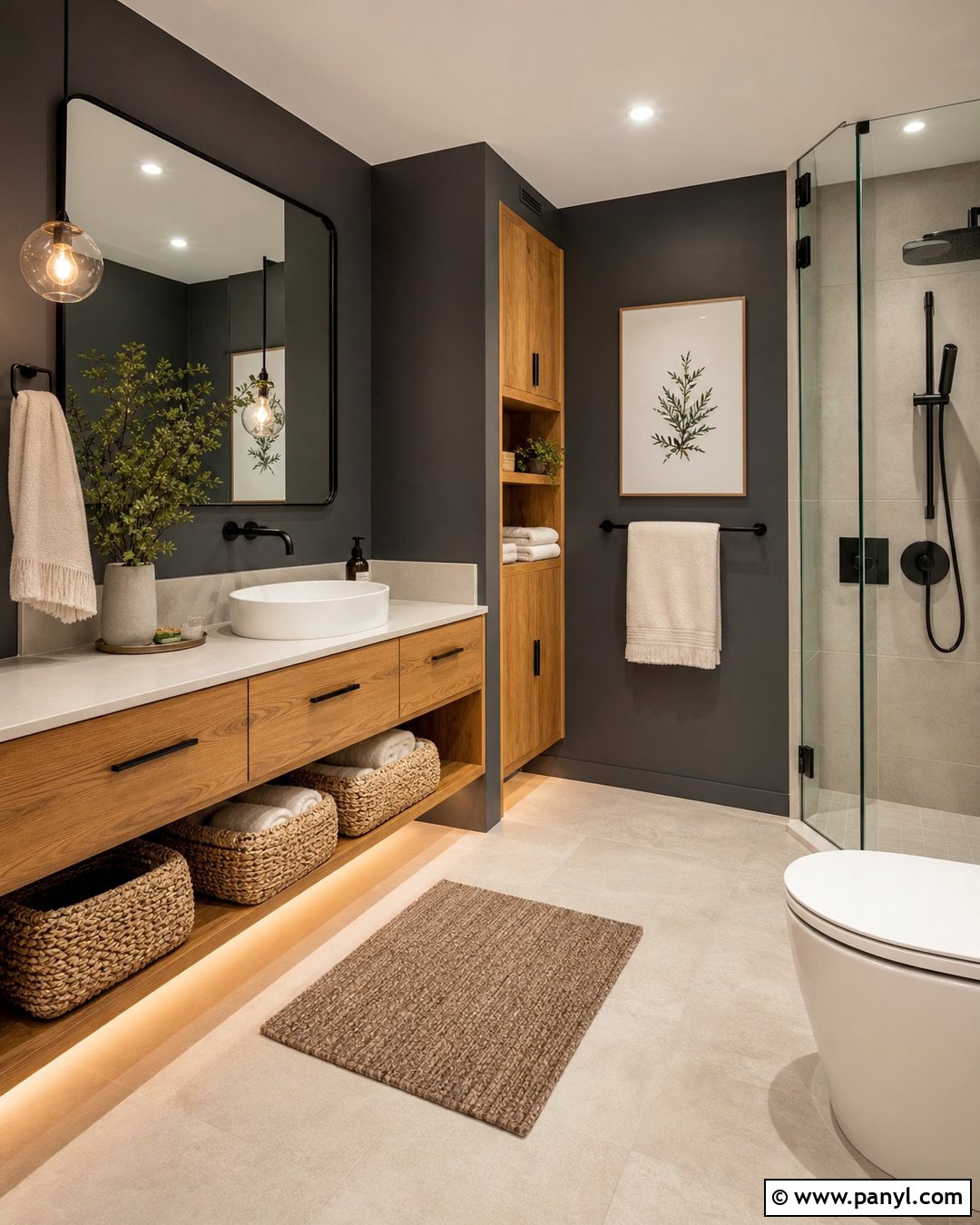 Dark Gray Bathroom Walls With Warm Oak - 25 Dark Gray Bathroom Walls