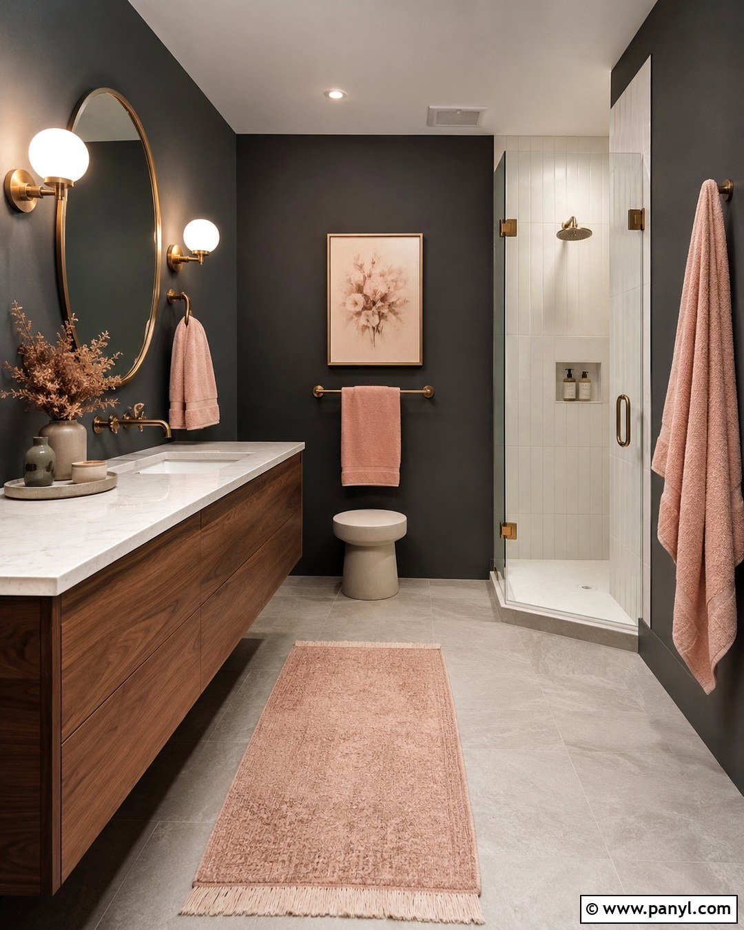 Dark Gray Bathroom With Blush Pink - 20 Dark Gray Walls Bathroom Ideas