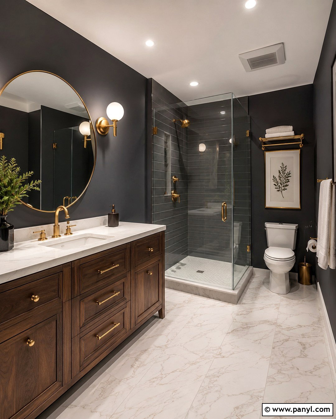 Dark Gray Bathroom With Brass Fixtures - 20 Dark Gray Walls Bathroom Ideas