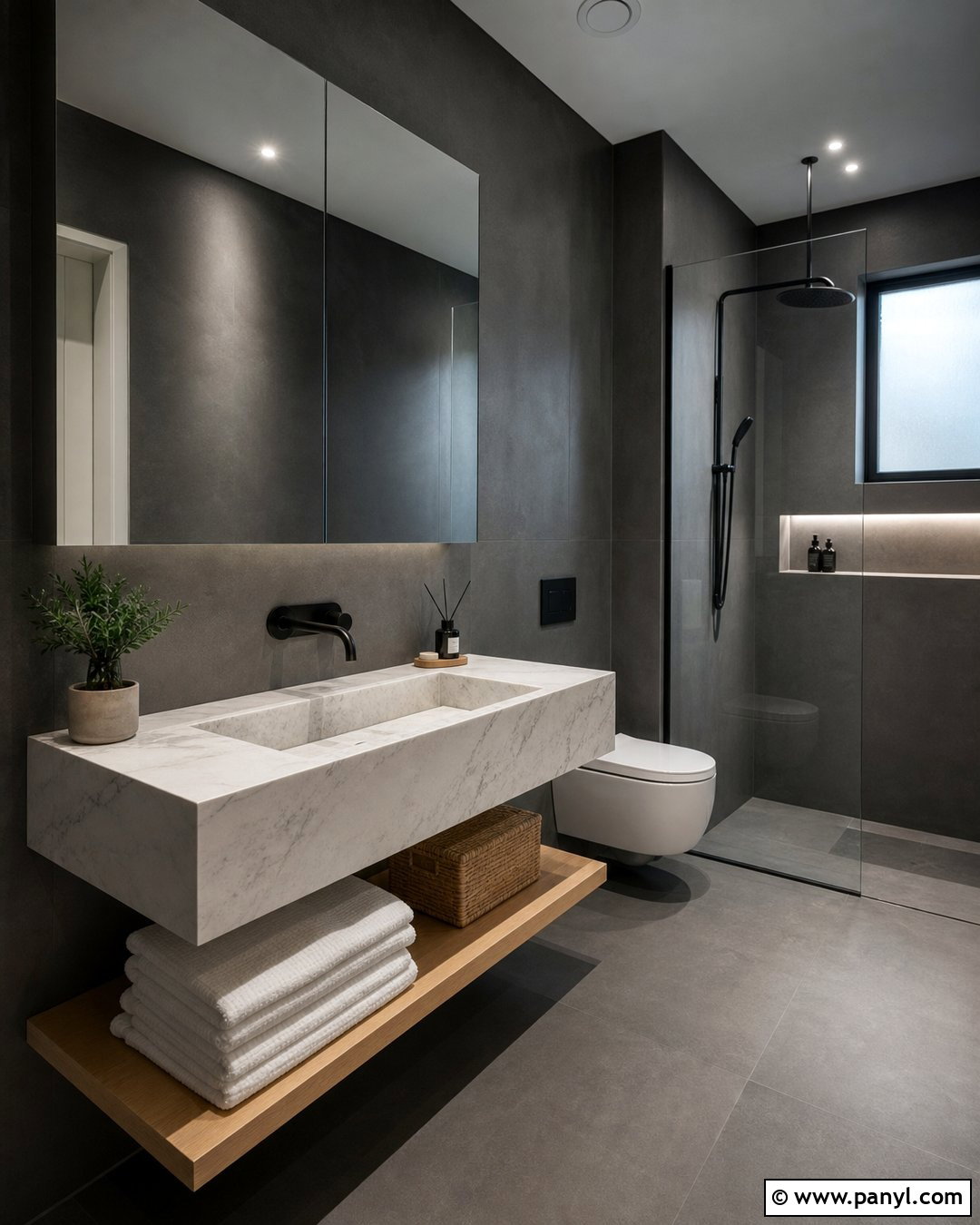 Dark Gray Bathroom With Floating Marble Sink - 20 Modern Bathroom With Dark Walls And Marble Sink Ideas