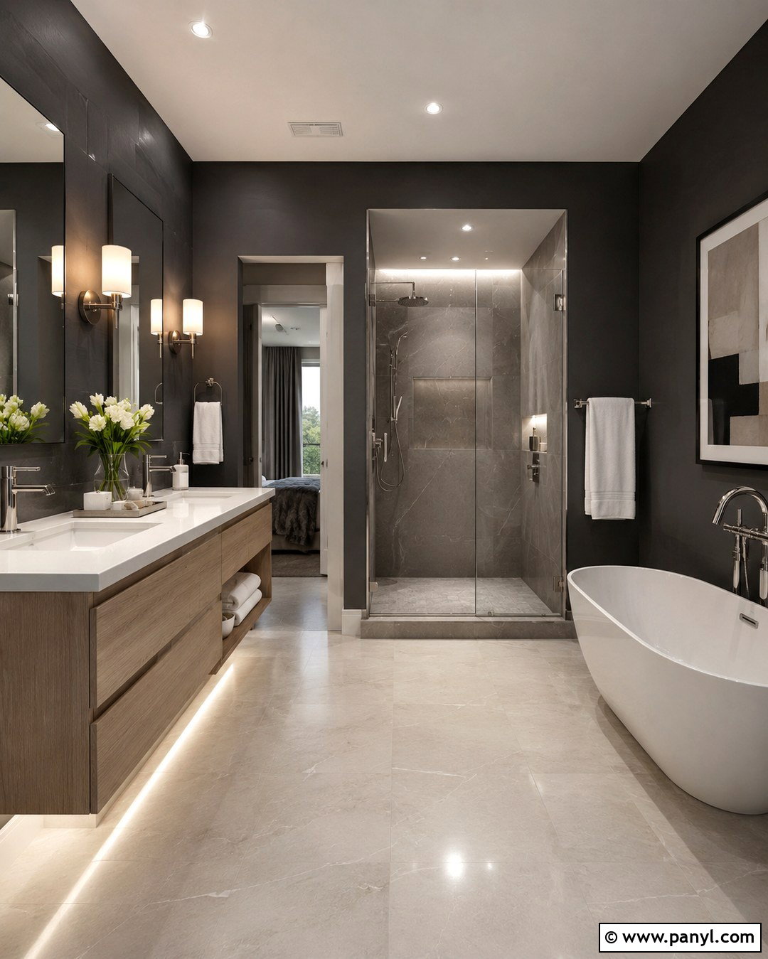 Dark Gray Bathroom With Layered Lighting - 20 Dark Gray Walls Bathroom Ideas