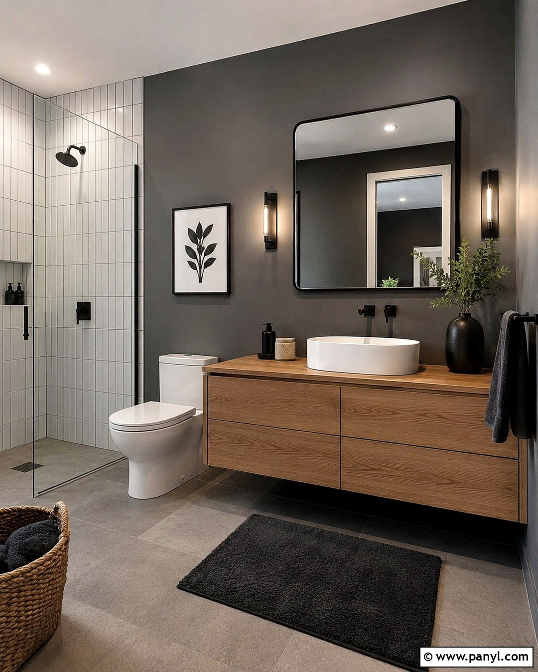 Dark Gray Bathroom With Matte Black Fixtures - 20 Dark Gray Walls Bathroom Ideas