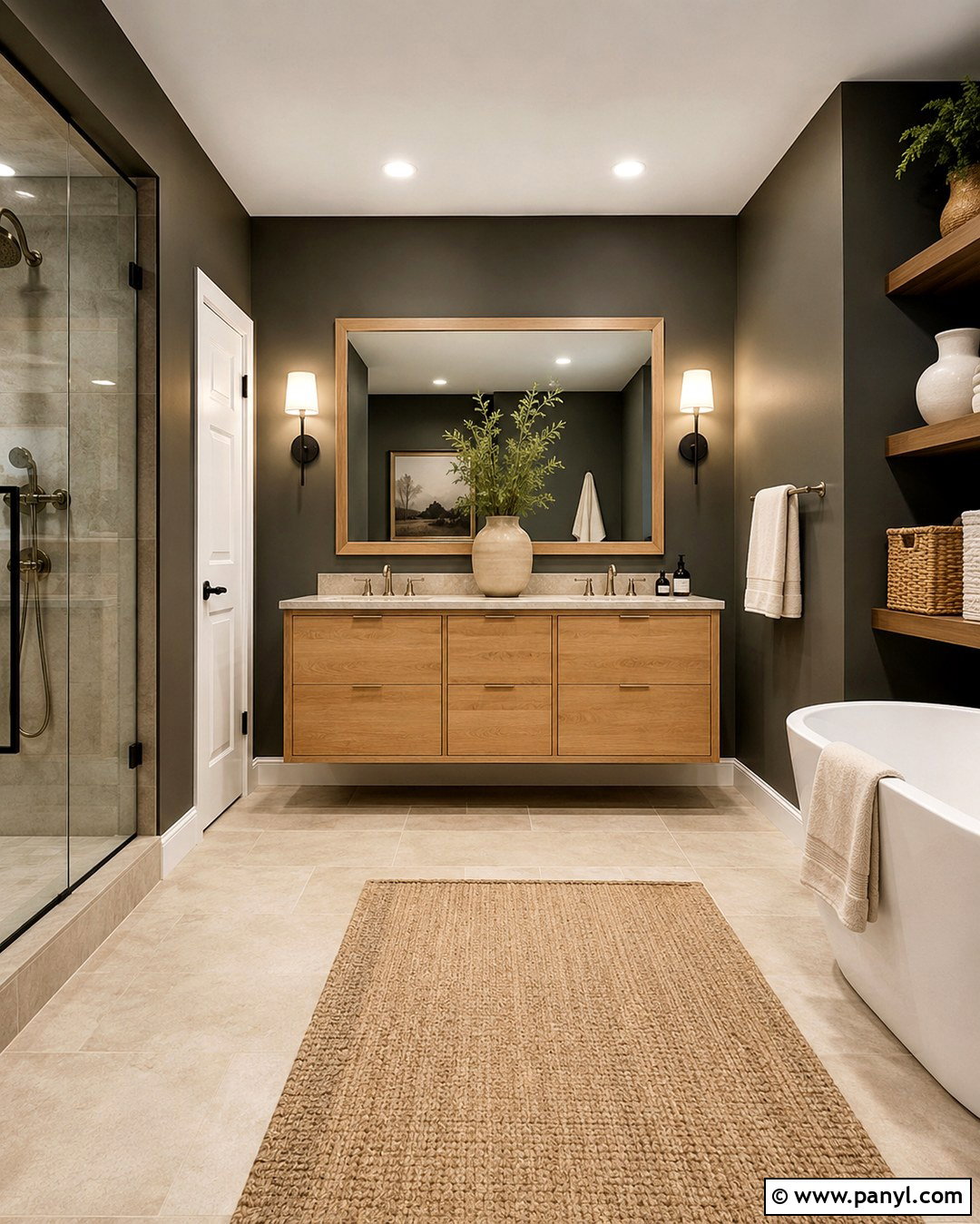 Dark Gray Bathroom With Natural Wood Vanity - 20 Dark Gray Walls Bathroom Ideas