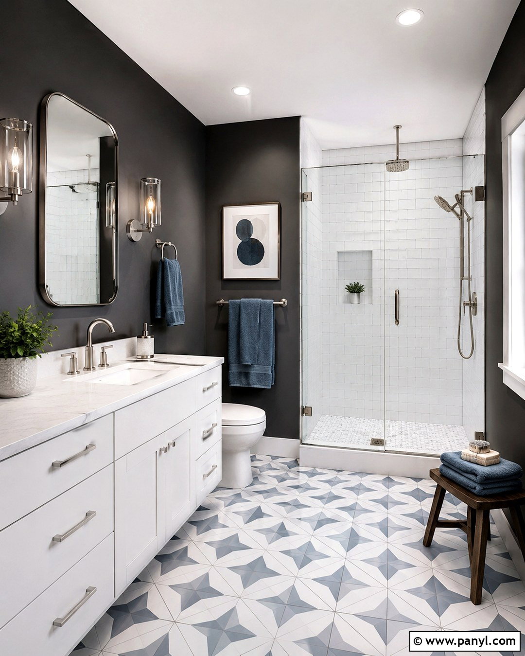 Dark Gray Bathroom With Patterned Tile - 20 Dark Gray Walls Bathroom Ideas