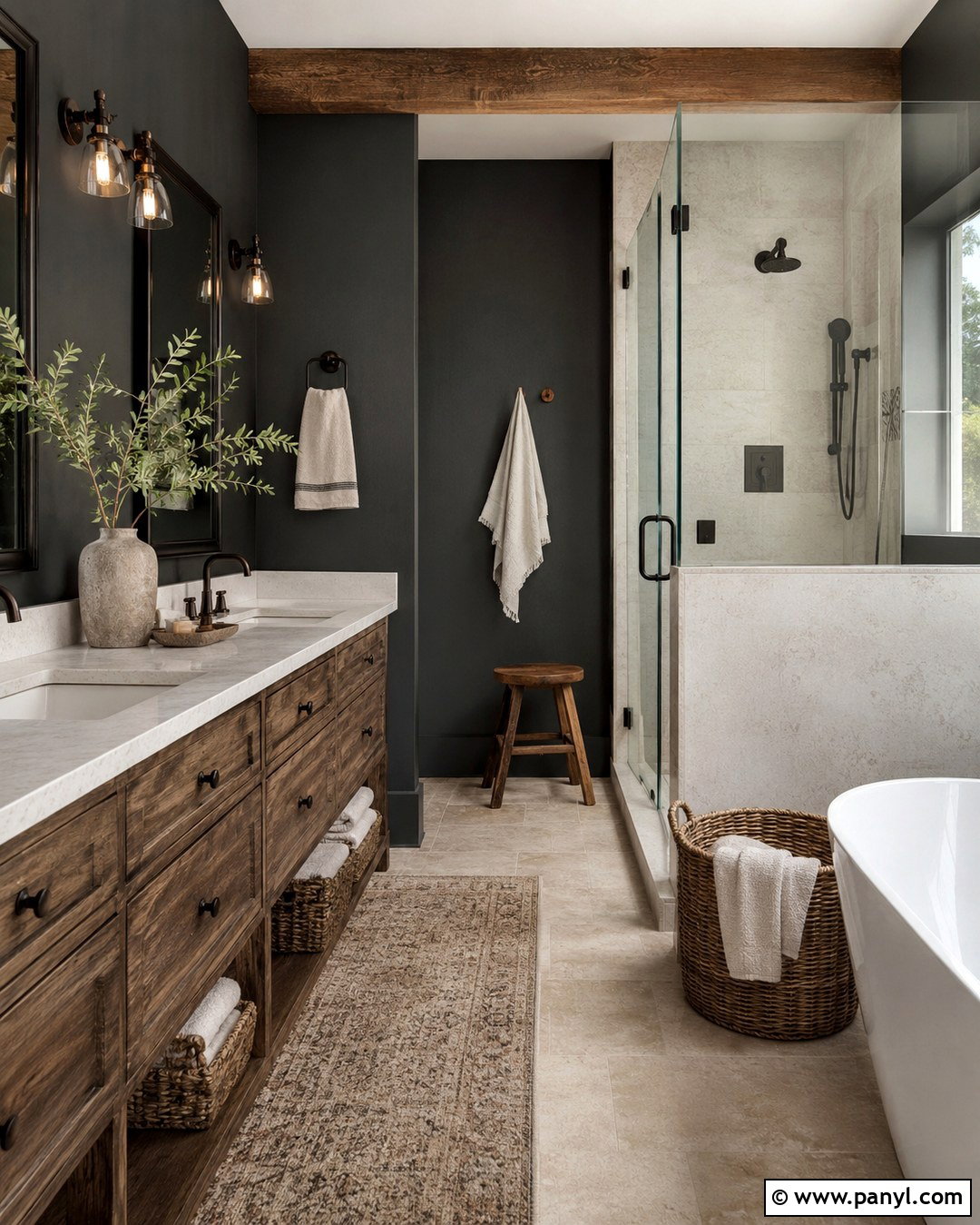 Dark Gray Bathroom With Rustic Wood - 20 Dark Gray Walls Bathroom Ideas