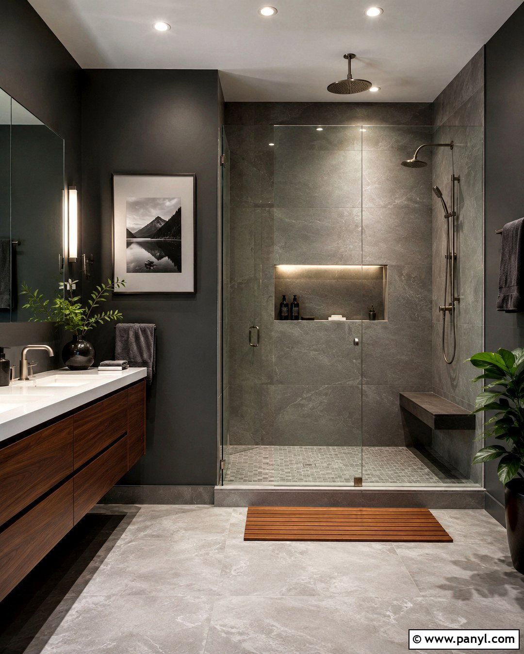 Dark Gray Bathroom With Walk-In Shower - 20 Dark Gray Walls Bathroom Ideas