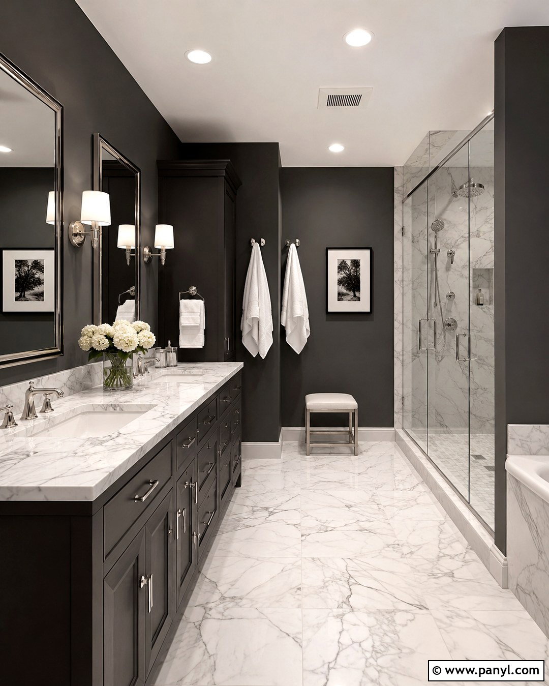Dark Gray Bathroom With White Marble - 20 Dark Gray Walls Bathroom Ideas
