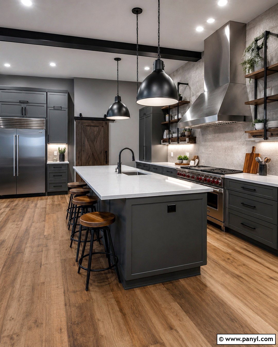 Dark Gray Cabinets With Industrial Details - 20 Light Gray Walls Dark Gray Cabinets