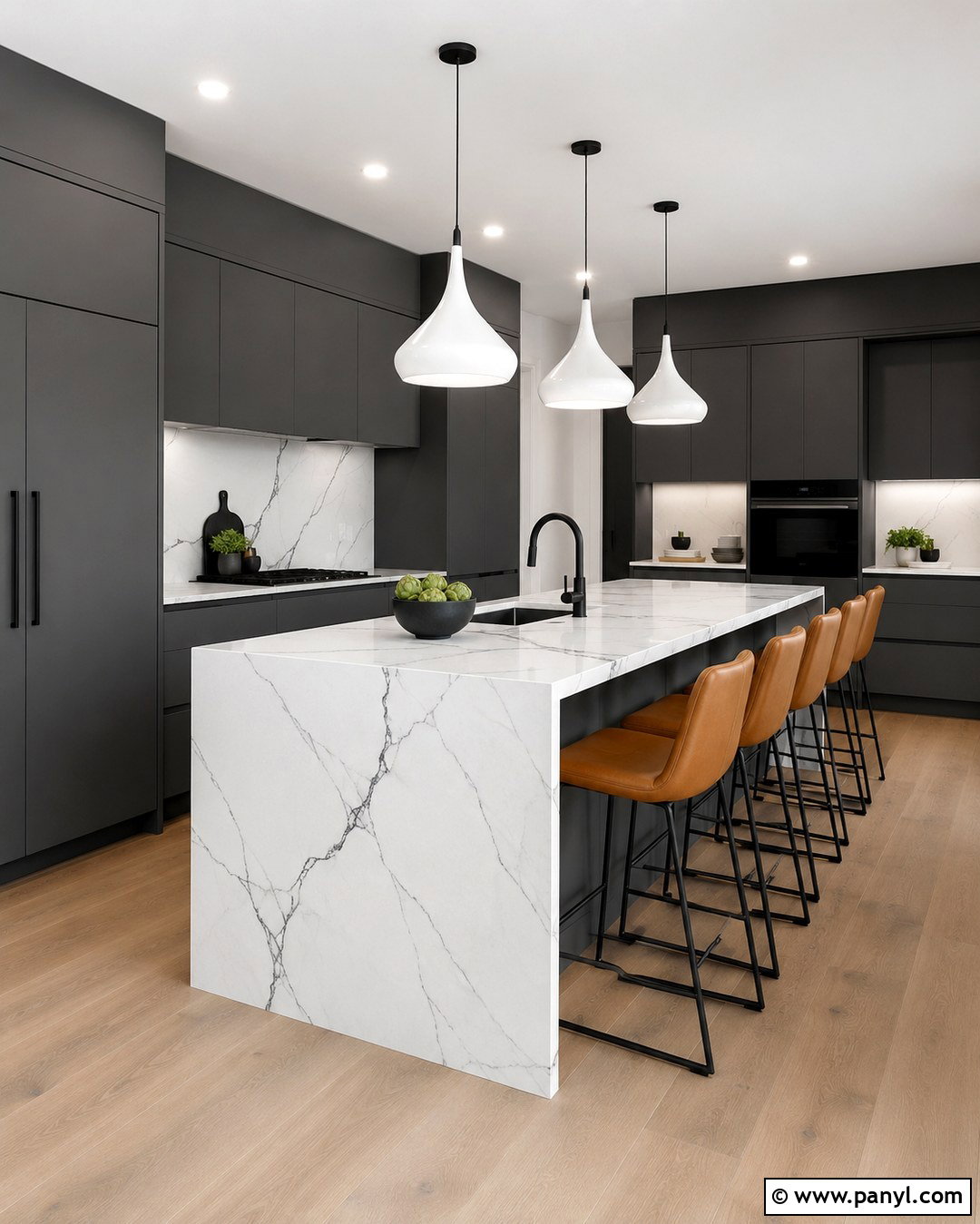 Dark Gray Cabinets With Waterfall Island - 20 Light Gray Walls Dark Gray Cabinets