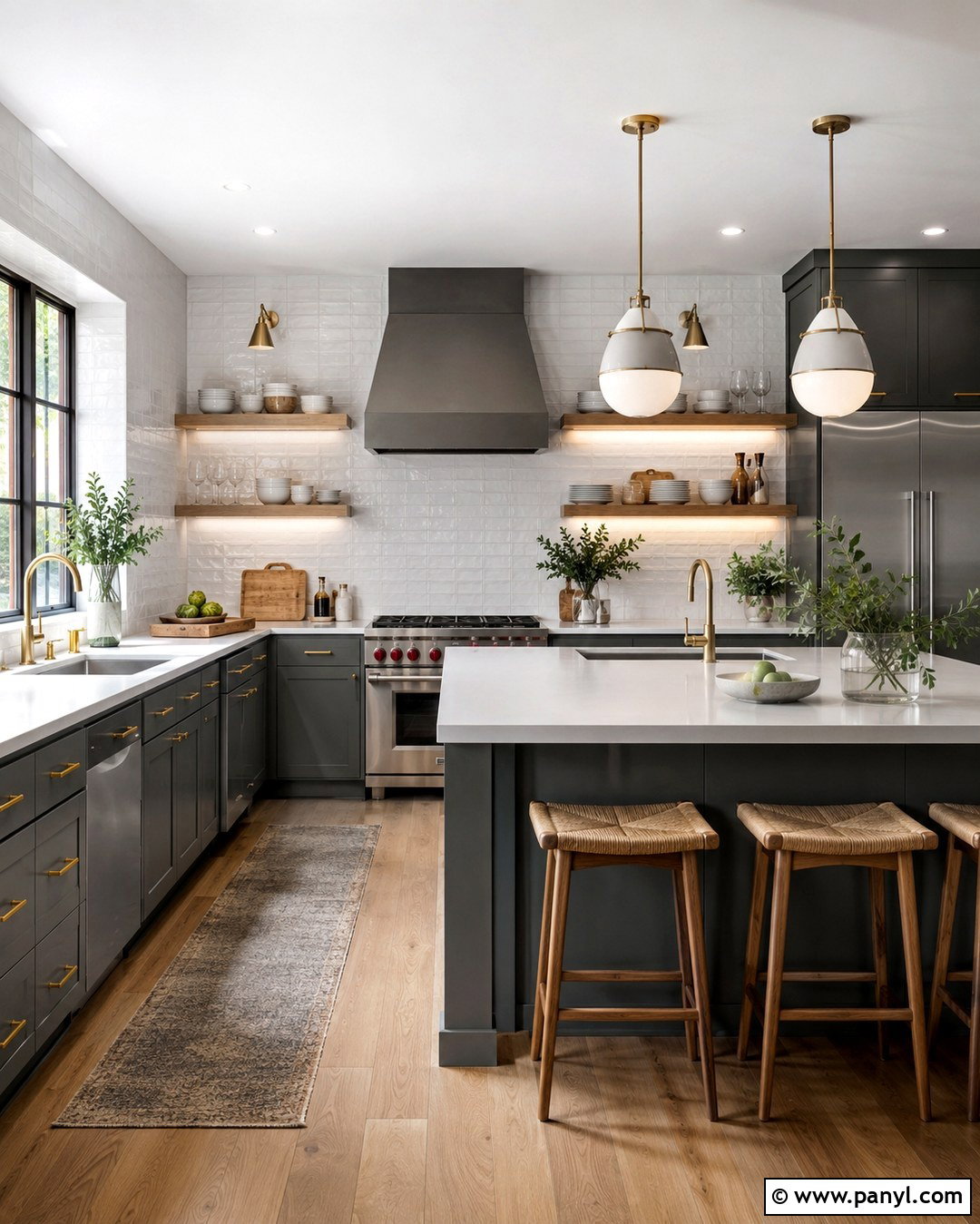 Dark Gray Cabinets With Wood Open Shelves - 20 Light Gray Walls Dark Gray Cabinets