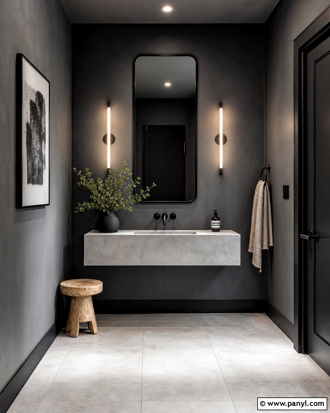Dark Gray Half Bathroom With Concrete Vanity - 20 dark half bathroom ideas