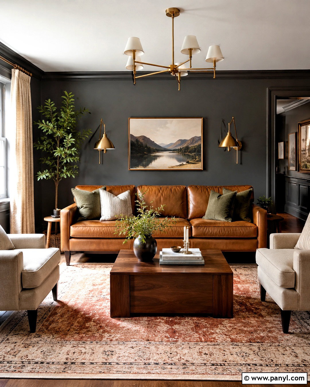 Dark Gray Living Room With Brown Leather Sofa - 20 dark gray living room ideas