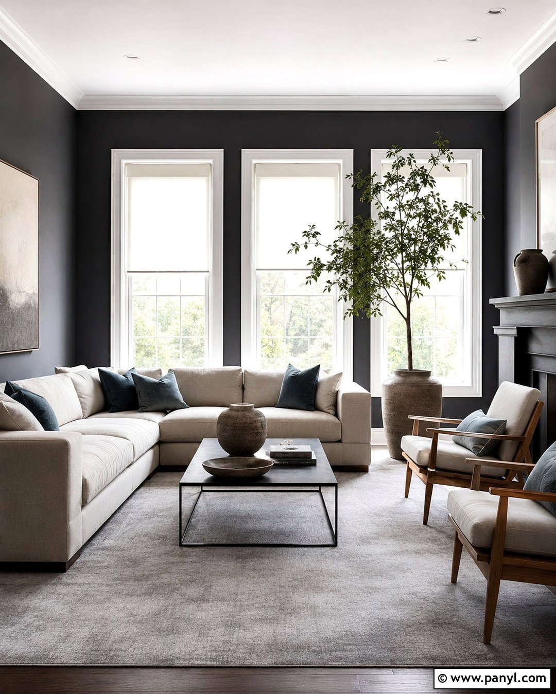 Dark Gray Living Room With White Windows - 20 Dark Walls With White Windows