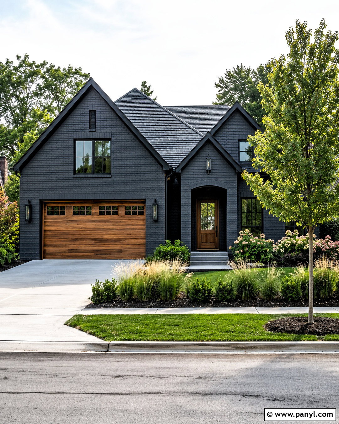 Dark Gray Painted Brick With Wood Garage Doors - 20 dark painted brick exterior ideas