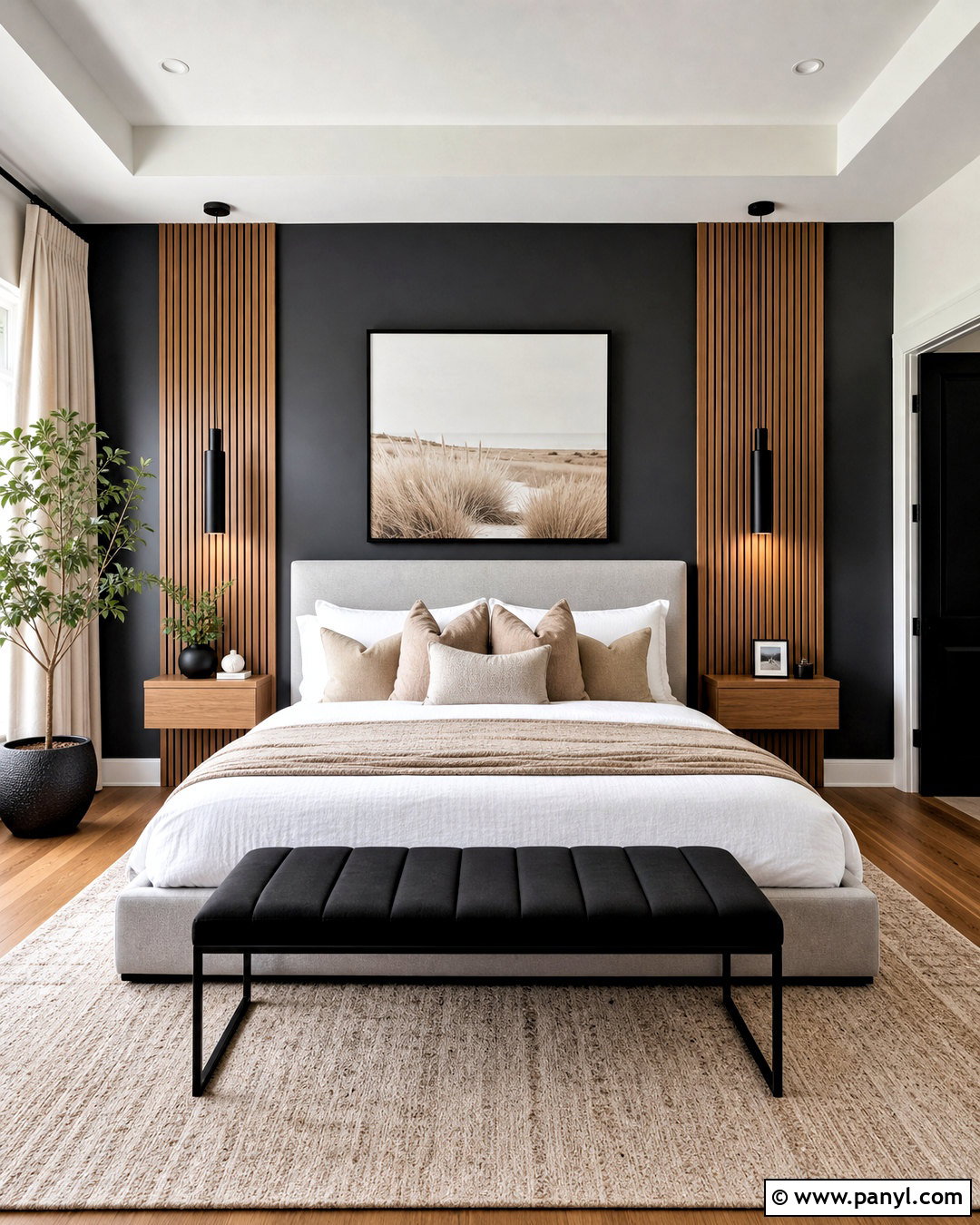 Dark Gray Wall With Wood Slat Panels - 20 dark gray accent wall bedroom ideas