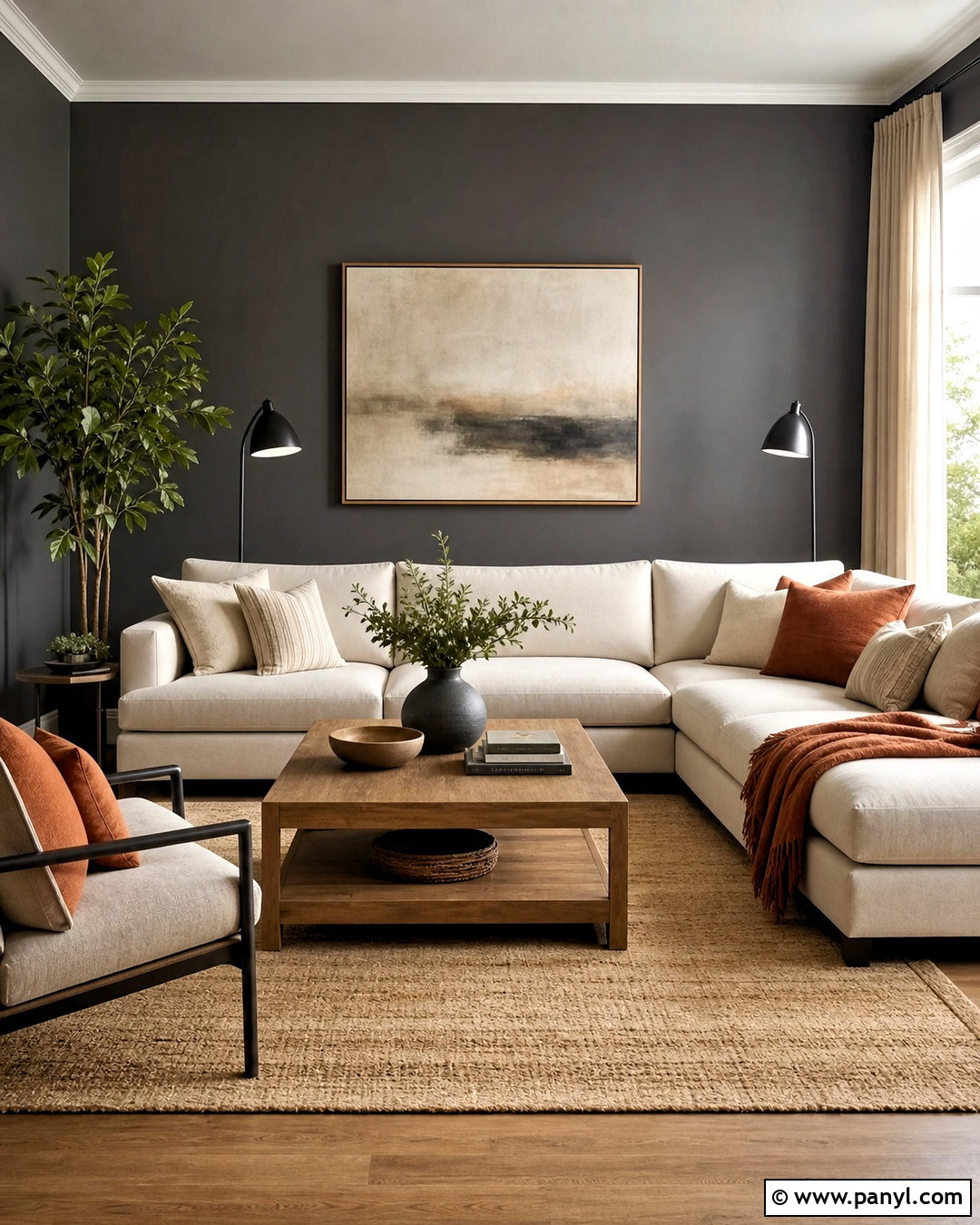 Dark Gray Walls With A Cream Sofa - 20 dark gray walls living room ideas