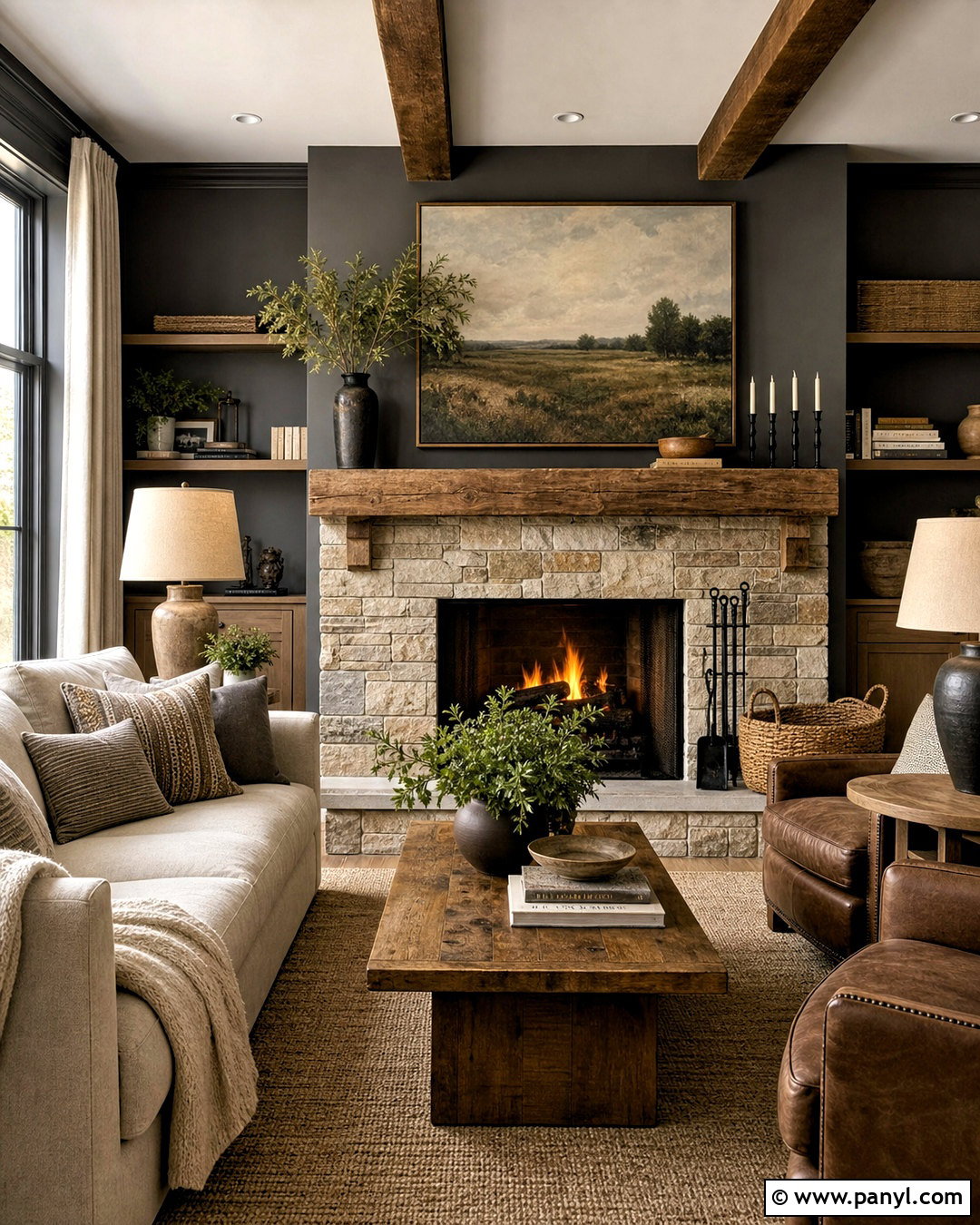 Dark Gray Walls With A Stone Fireplace - 20 dark gray walls living room ideas