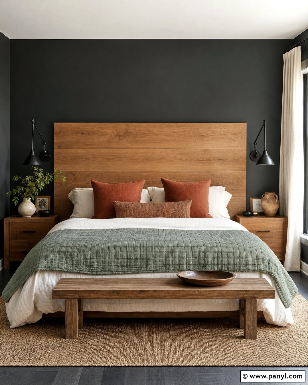 Dark Gray Walls With A Wood Headboard - 35 dark gray walls