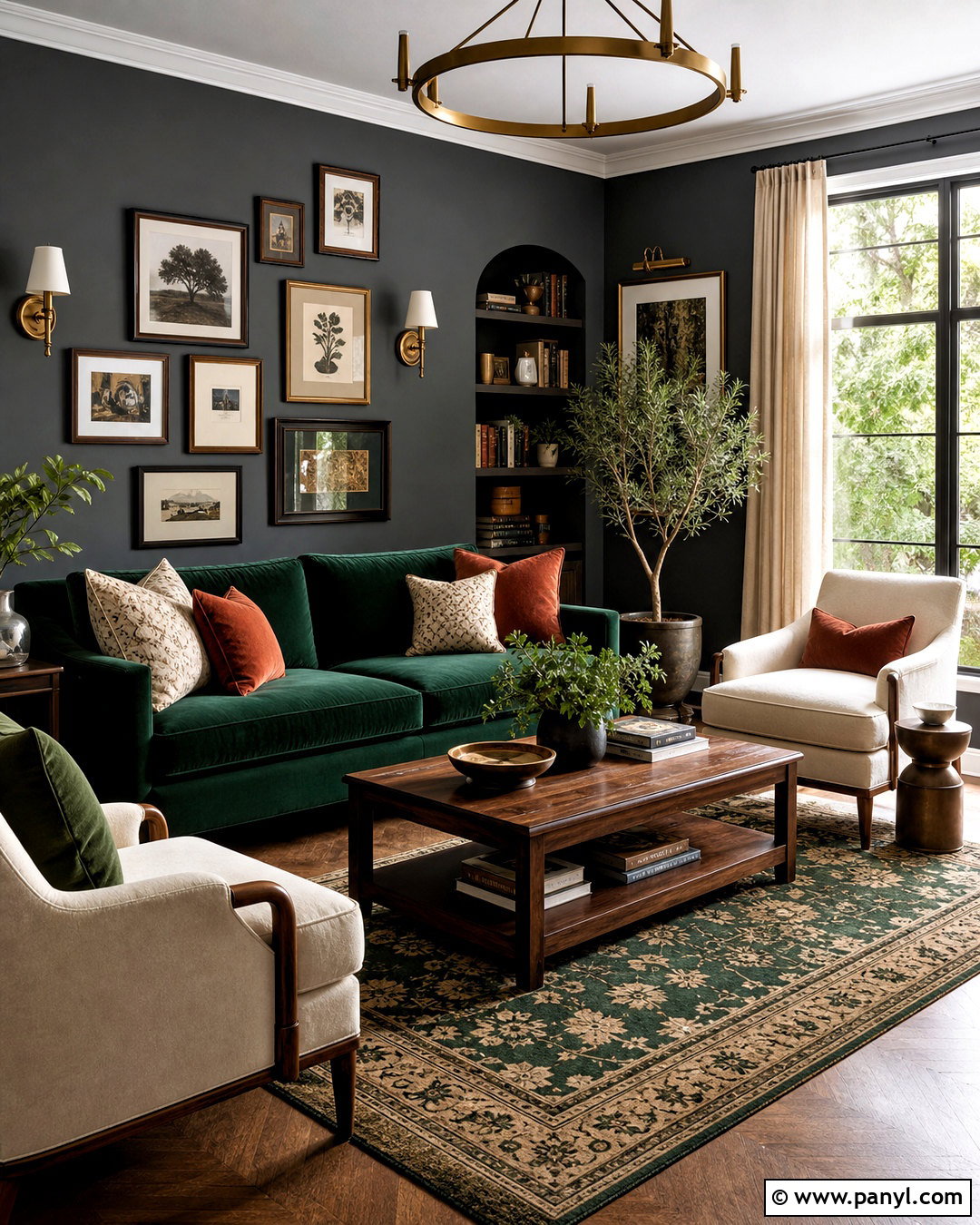 Dark Gray Walls With An Emerald Green Sofa - 20 dark gray walls living room ideas