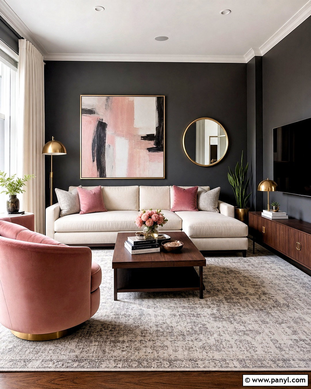 Dark Gray Walls With Blush Pink Accents - 20 dark gray walls living room ideas