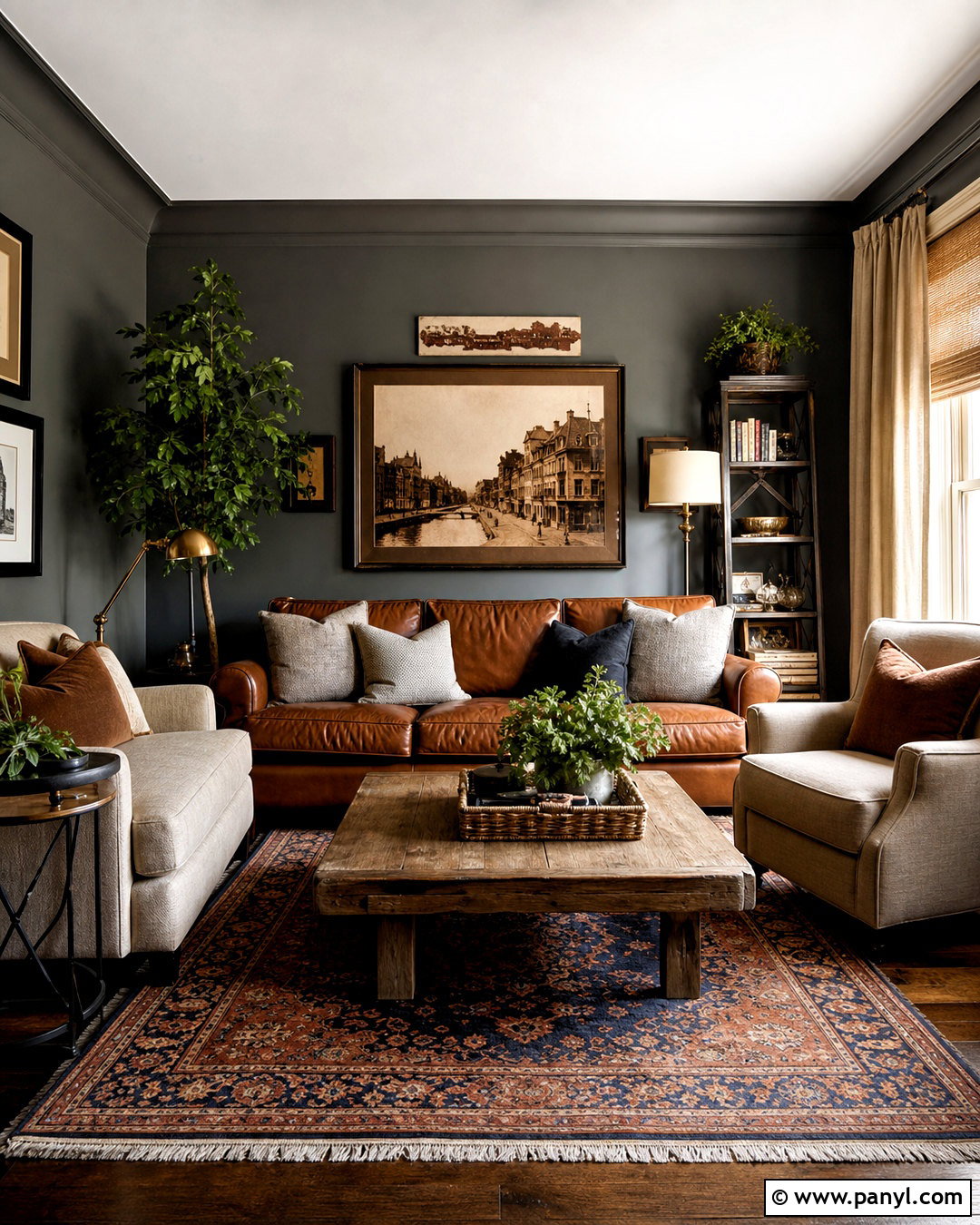 Dark Gray Walls With Warm Brown Leather - 20 dark gray walls living room ideas