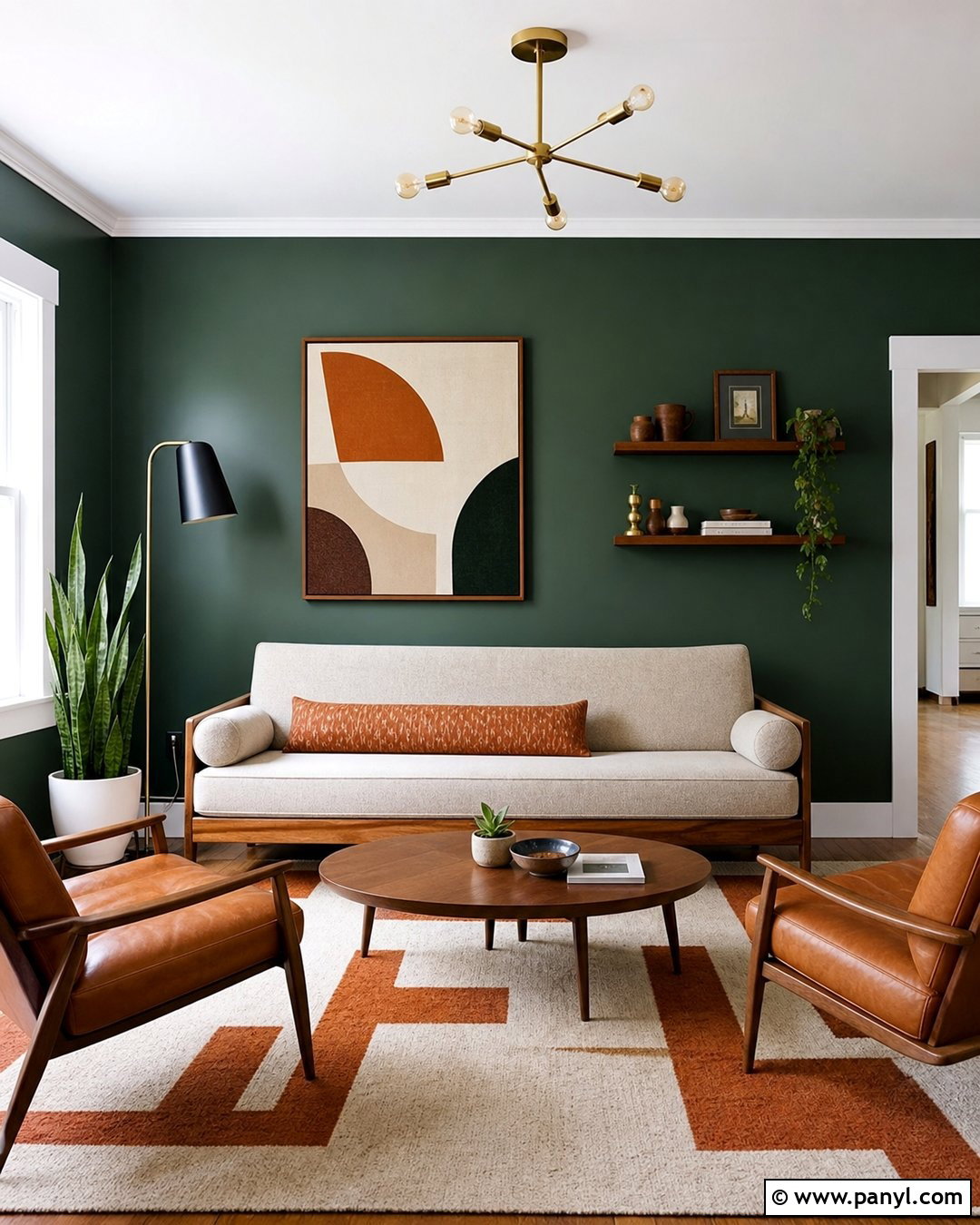 Dark Green Accent Wall In Midcentury Living Room - 45 dark green accent wall ideas
