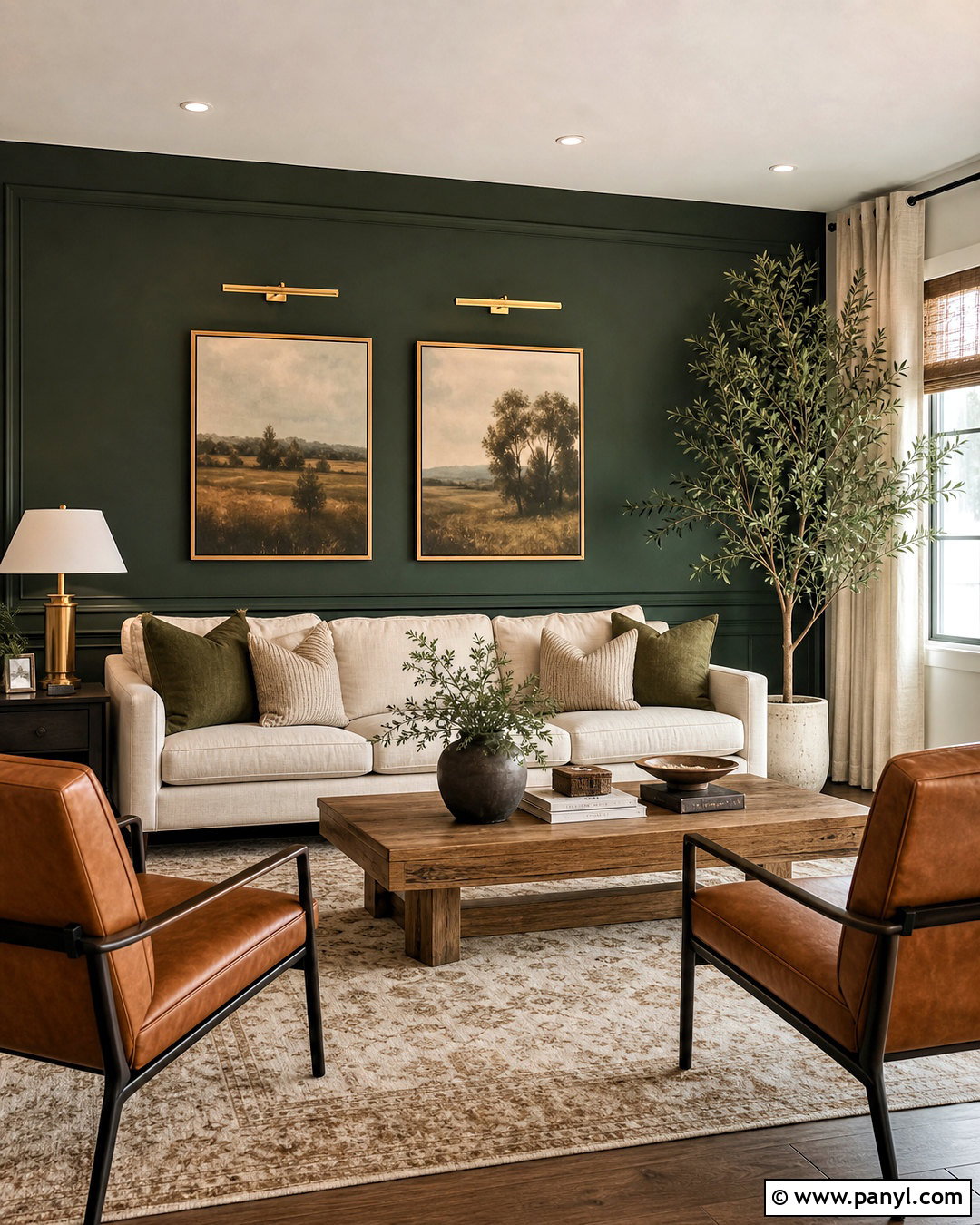 Dark Green Accent Wall With Beige Sofa - 20 dark green accent wall living room ideas
