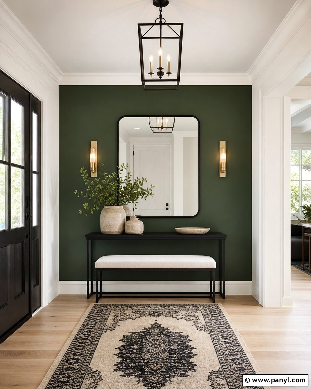 Dark Green Accent Wall With Black Console - 20 Green Accent Wall Foyer Ideas