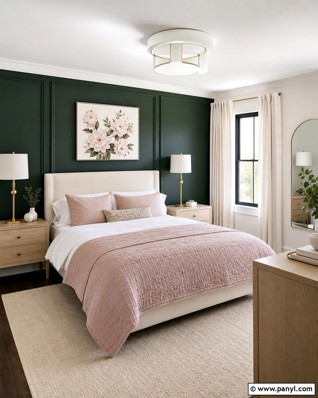 Dark Green Accent Wall With Blush Bedding - 45 dark green accent wall ideas