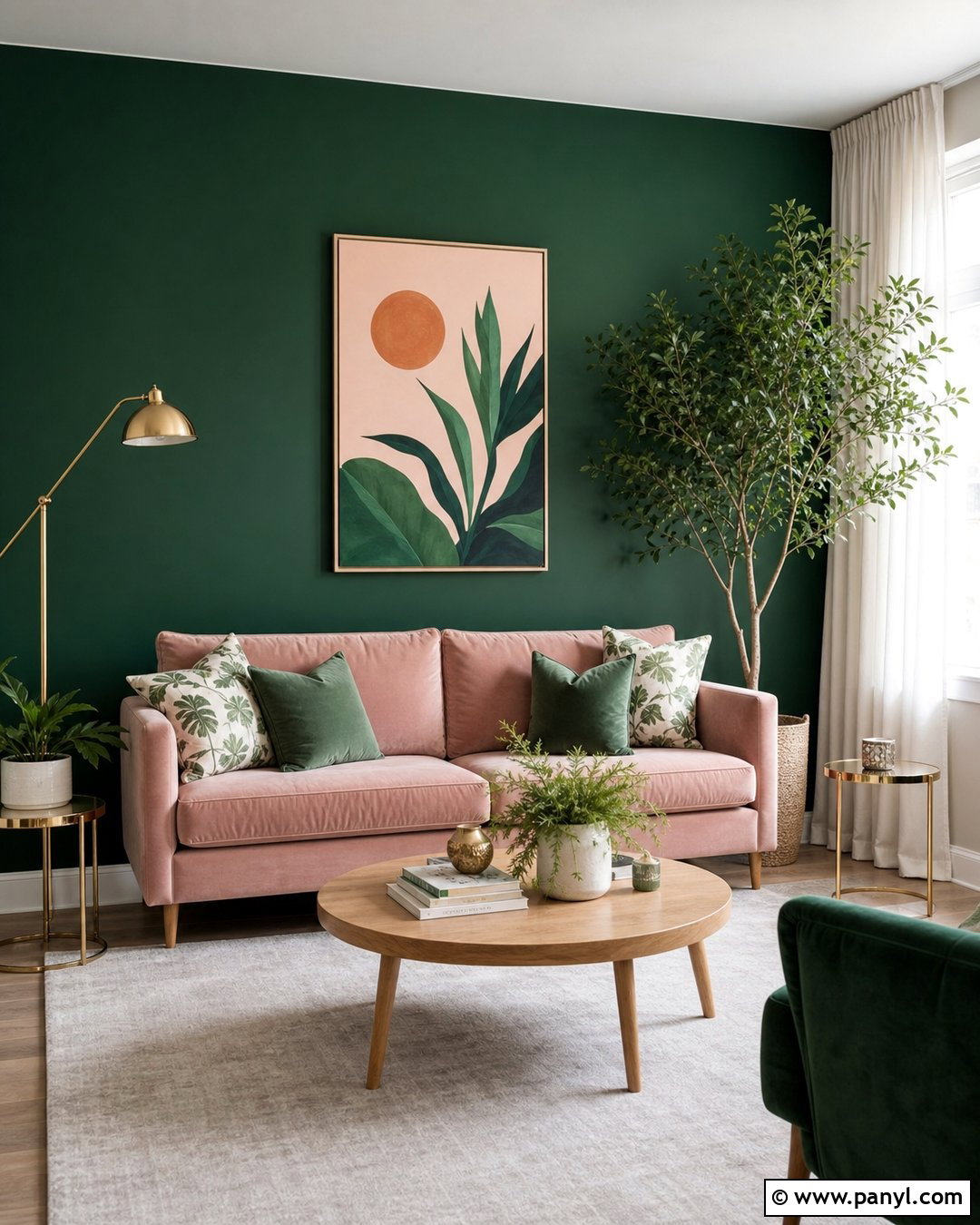 Dark Green Accent Wall With Blush Sofa - 45 dark green accent wall ideas