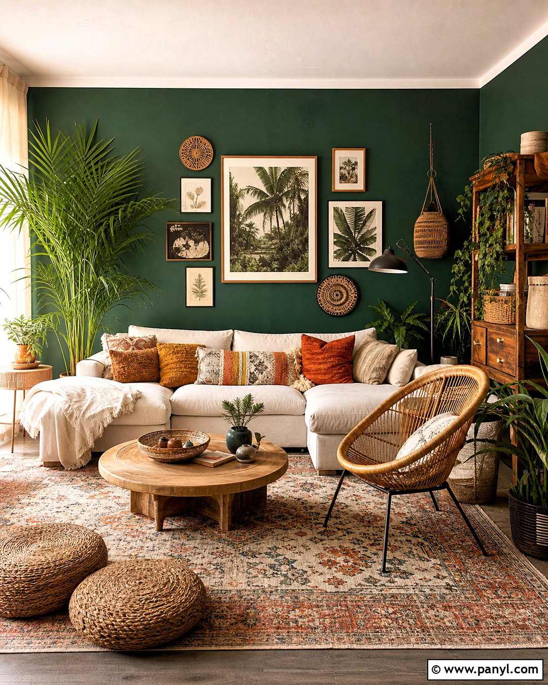 Dark Green Accent Wall With Boho Decor - 20 dark green accent wall living room ideas