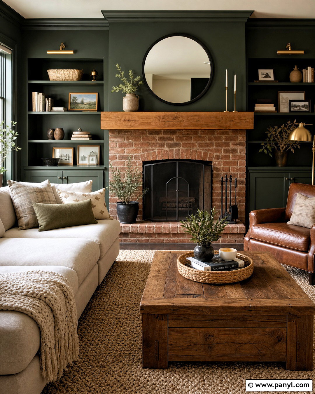 Dark Green Accent Wall With Brick Fireplace - 20 dark green accent wall living room ideas