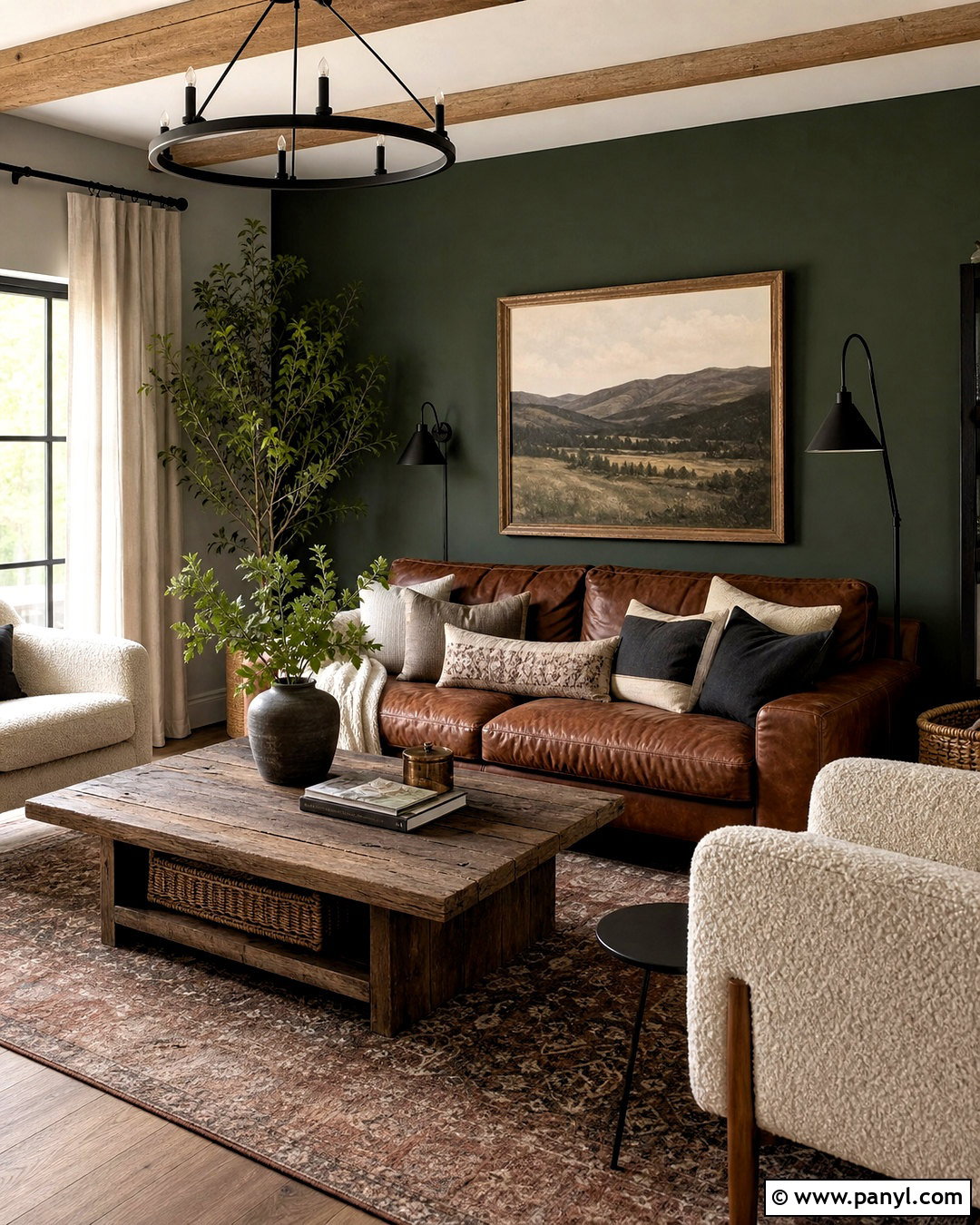 Dark Green Accent Wall With Brown Leather Sofa - 20 dark green accent wall living room ideas