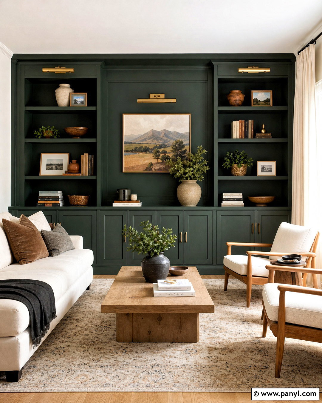 Dark Green Accent Wall With Built-In Shelves - 20 dark green accent wall living room ideas