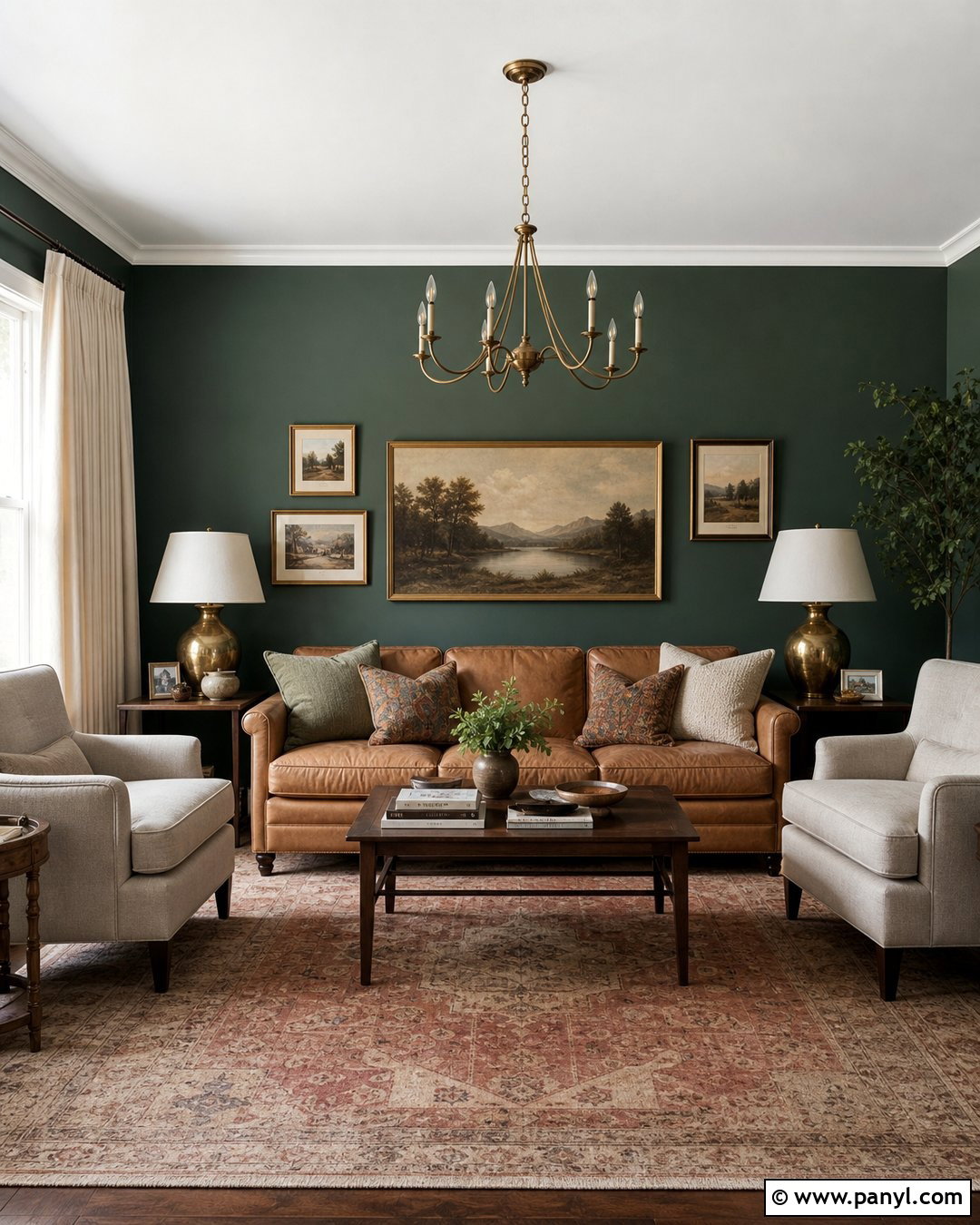 Dark Green Accent Wall With Camel Leather Sofa - 45 dark green accent wall ideas