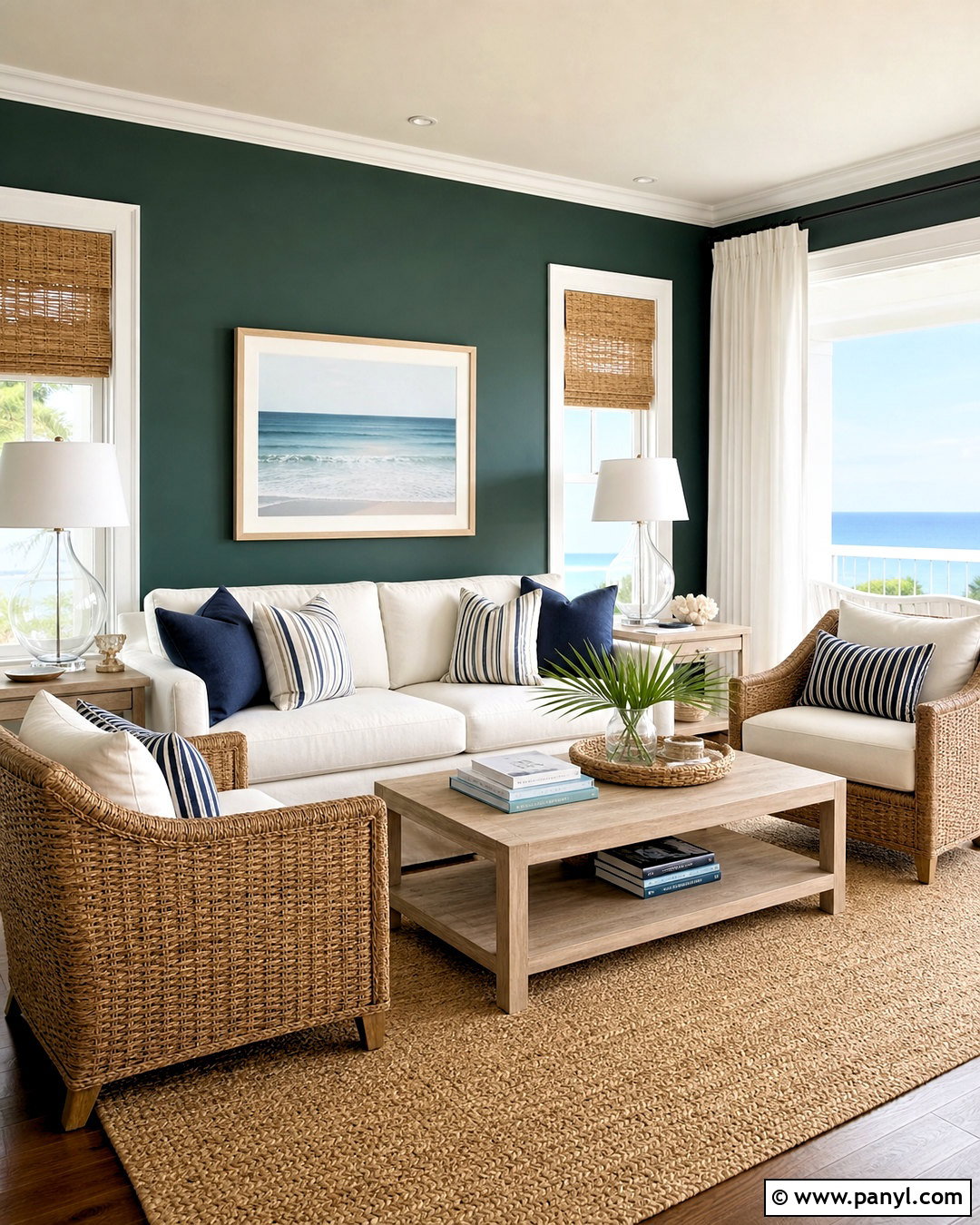 Dark Green Accent Wall With Coastal Decor - 20 dark green accent wall living room ideas