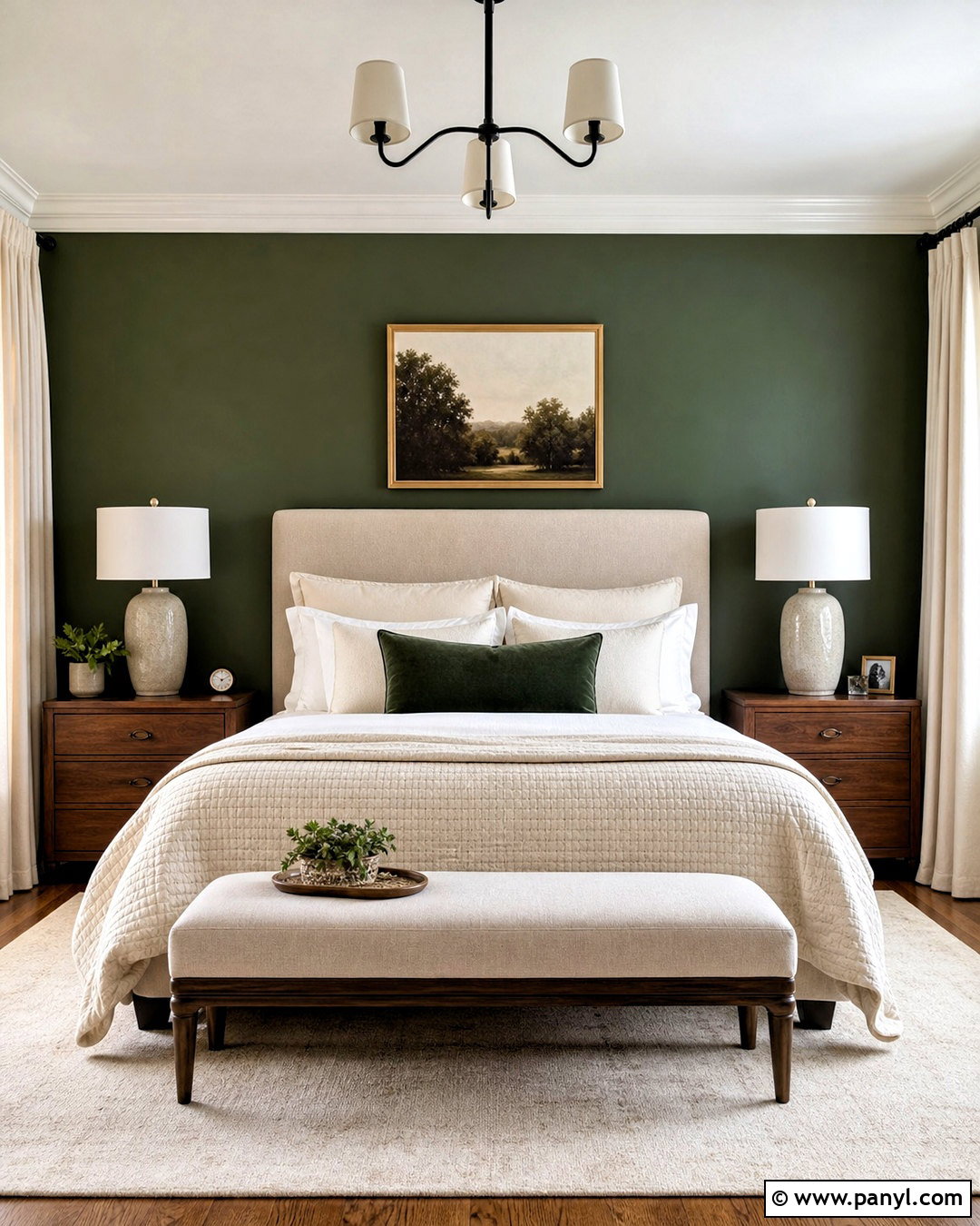 Dark Green Accent Wall With Cream Bedding - 20 dark green accent wall bedroom ideas