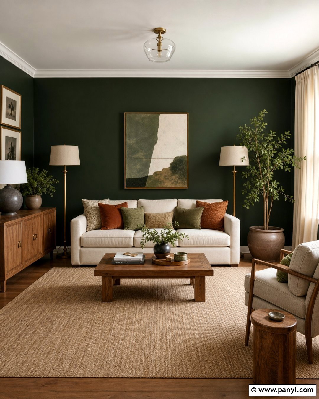 Dark Green Accent Wall With Cream Sofa - 45 dark green accent wall ideas