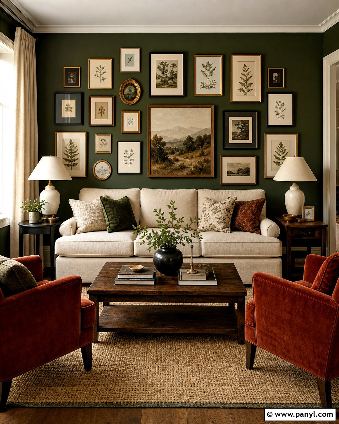Dark Green Accent Wall With Gallery Wall - 20 dark green accent wall living room ideas